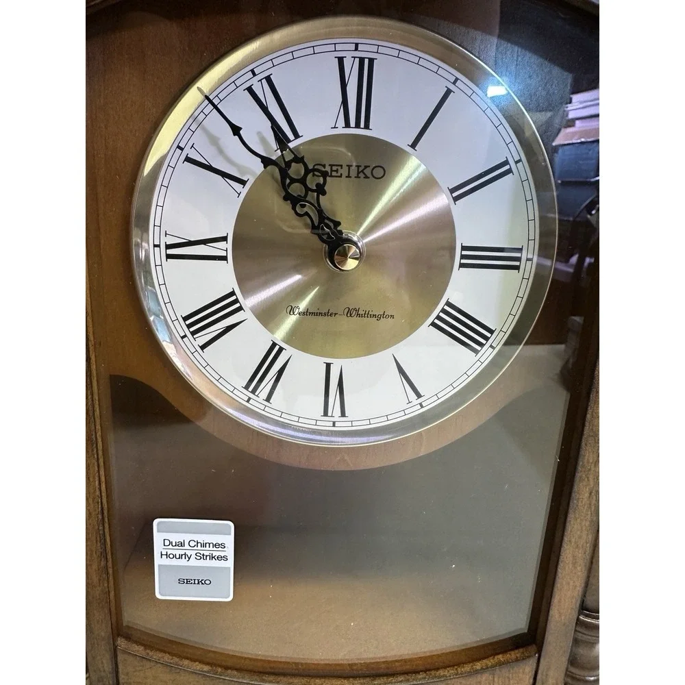 NIB: Seiko Baron Brown Wood Gold Mantel Pendulum Clock Dual Chimes QXQ034B